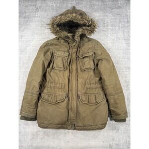 American Eagle Jacket Womens Medium Green Faux Fur Hood Utility Coat Plaid Lined